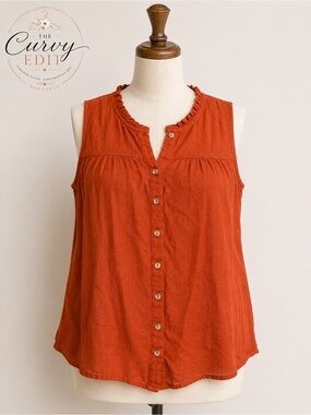 Sonoma XXL Rust Orange Linen Blend Ruffle Button Front Sleeveless Top